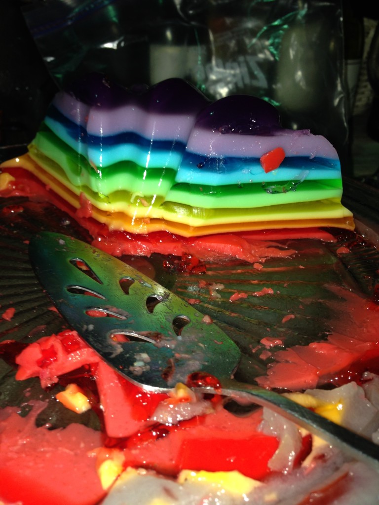 Drinking was also part of our trip - here's what remains of our rainbow vodka shot jello cake by the time I remembered to take a picture.